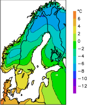 Framtidsscenario för år 2071-2100 av vintermedeltemperaturen (Dec - Feb).