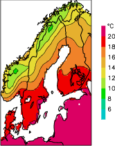 Framtidsscenario för år 2071-2100 av sommarmedeltemperaturen (Jun - Aug).